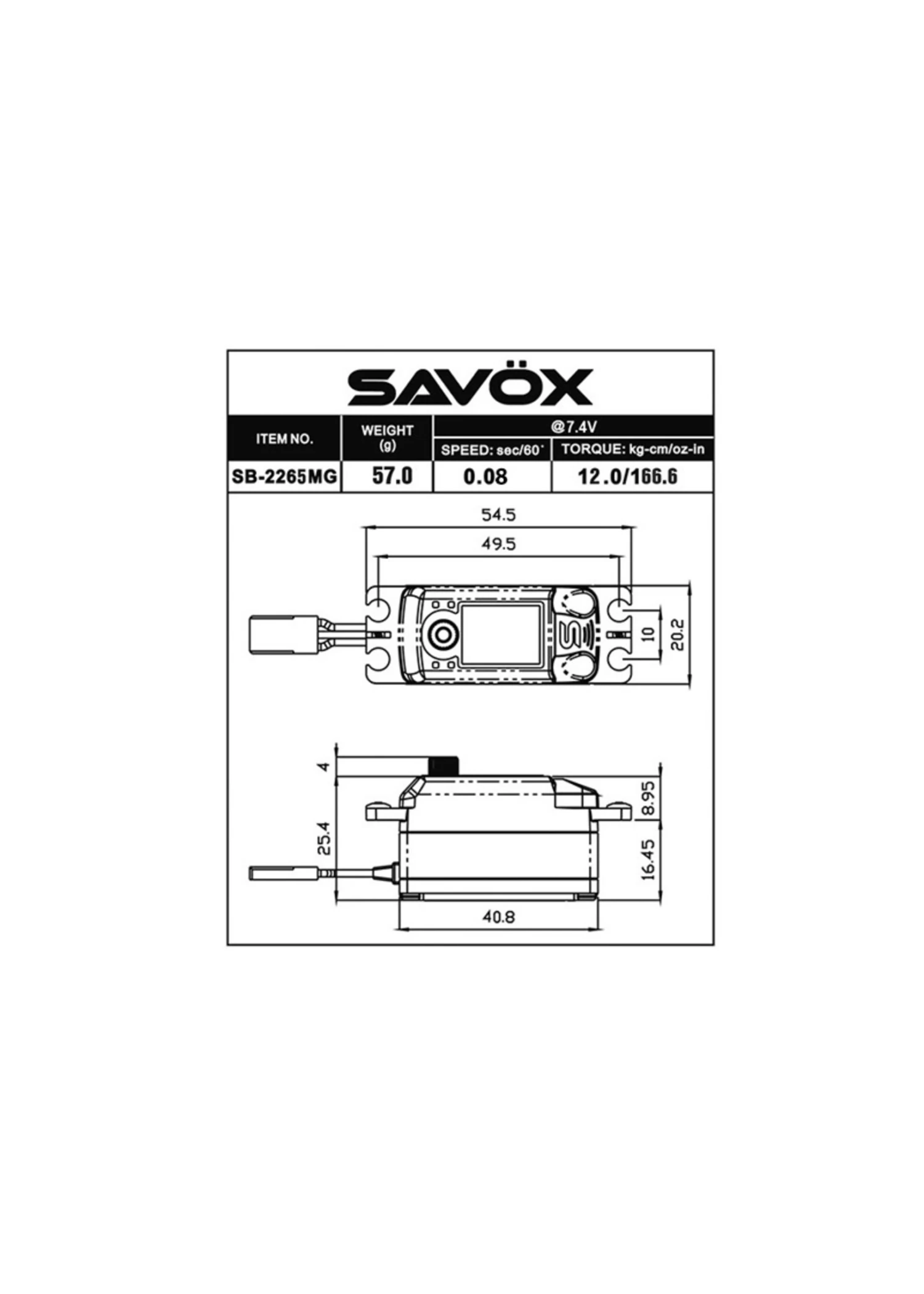 Savox SAVSB2265MG-BE - Black Edition Low Profile High Voltage Brushless Digital Servo 0.08sec / 166.6oz @ 7.4V - Image 2