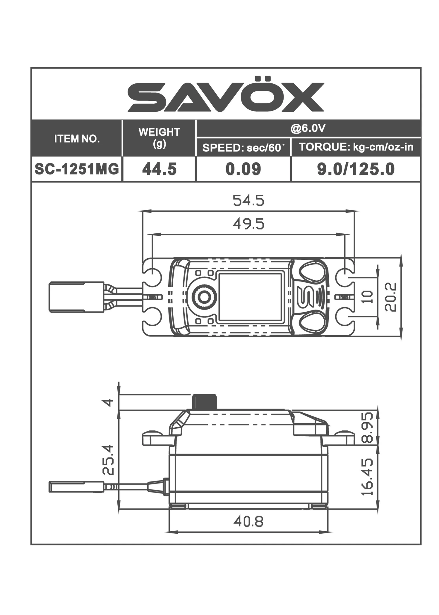 Savox SAVSC1251MG-BE - Black Edition Low Profile Digital Servo 0.09sec / 125oz @ 6V - Image 2